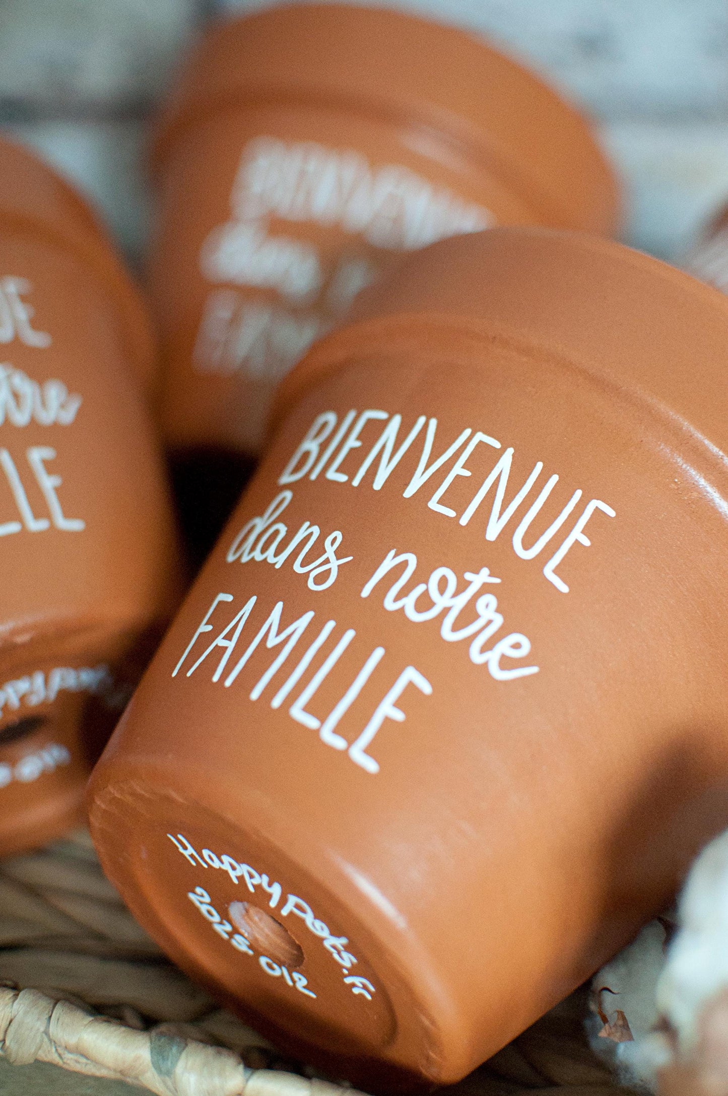 Cache pot / pot de fleur en terre cuite personnalisé "Bienvenue dans notre famille"