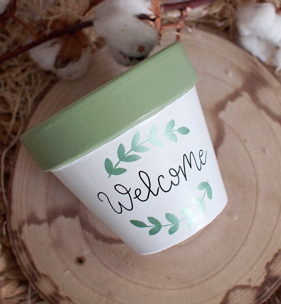 Cache pot / Pot de fleur en terre cuite bicolore : Welcome