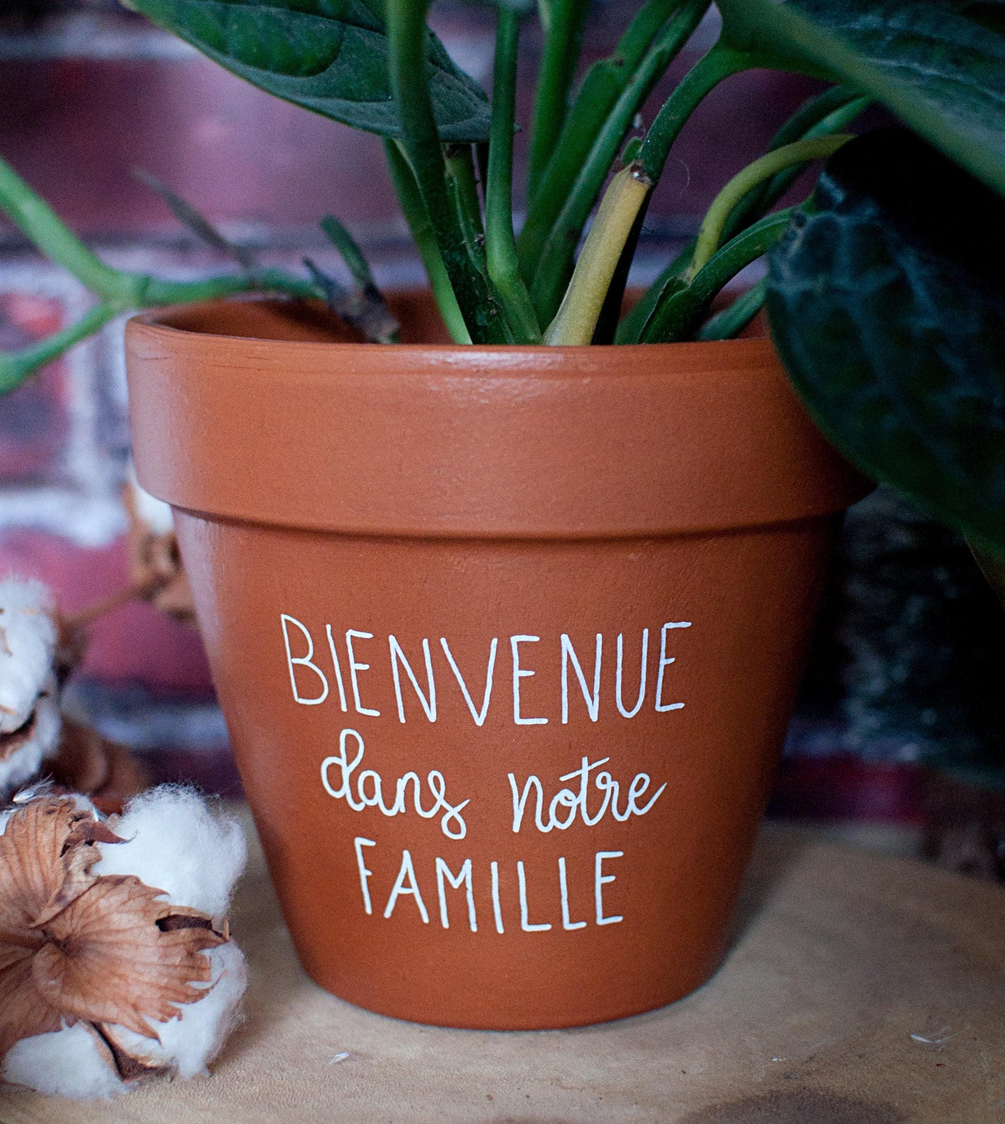 Cache pot / pot de fleur en terre cuite personnalisé "Bienvenue dans notre famille"