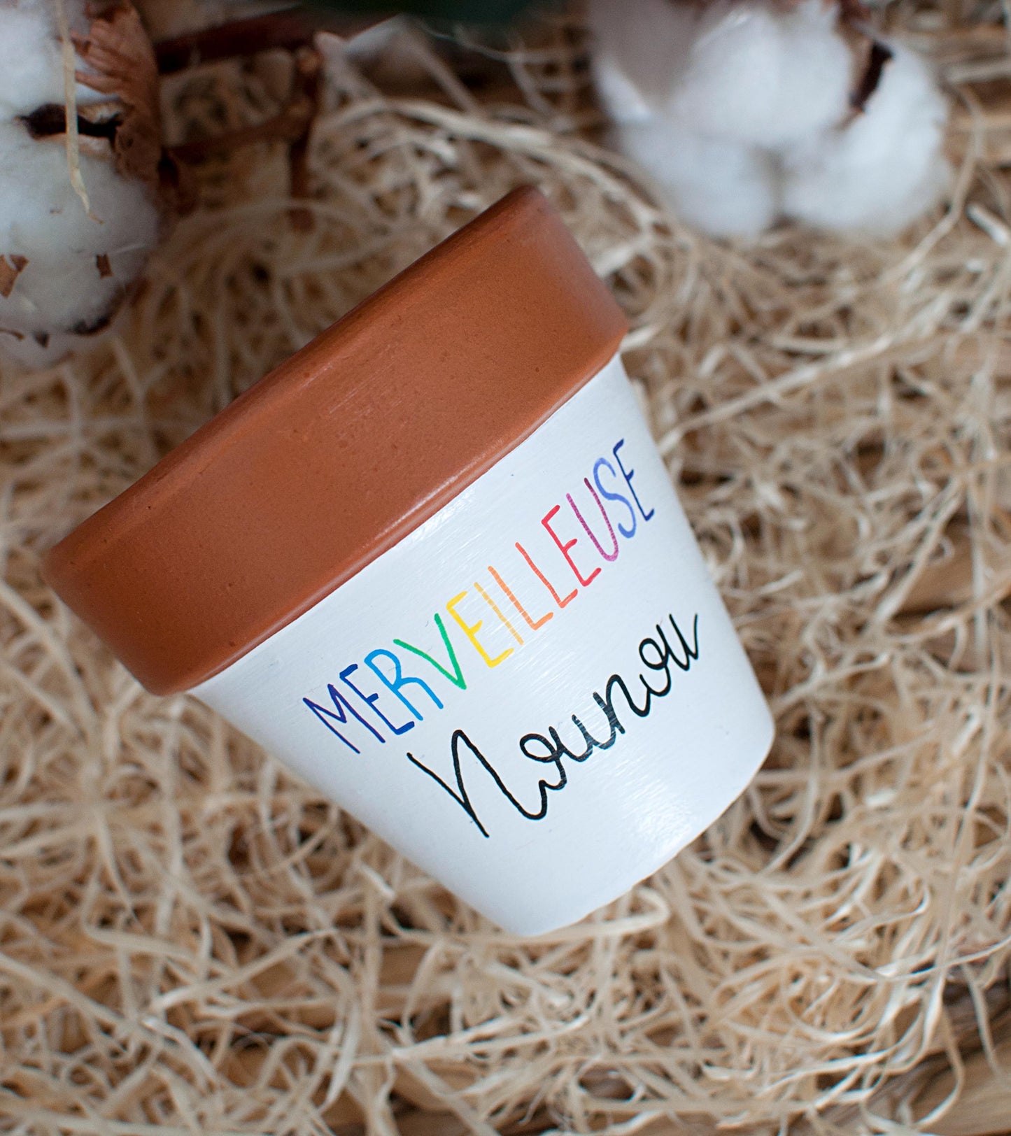Cache pot / Pot en terre cuite personnalisé: Merveilleuse Nounou / Merveilleuse + prénom (cadeau nounou / cadeau fin d’année scolaire)