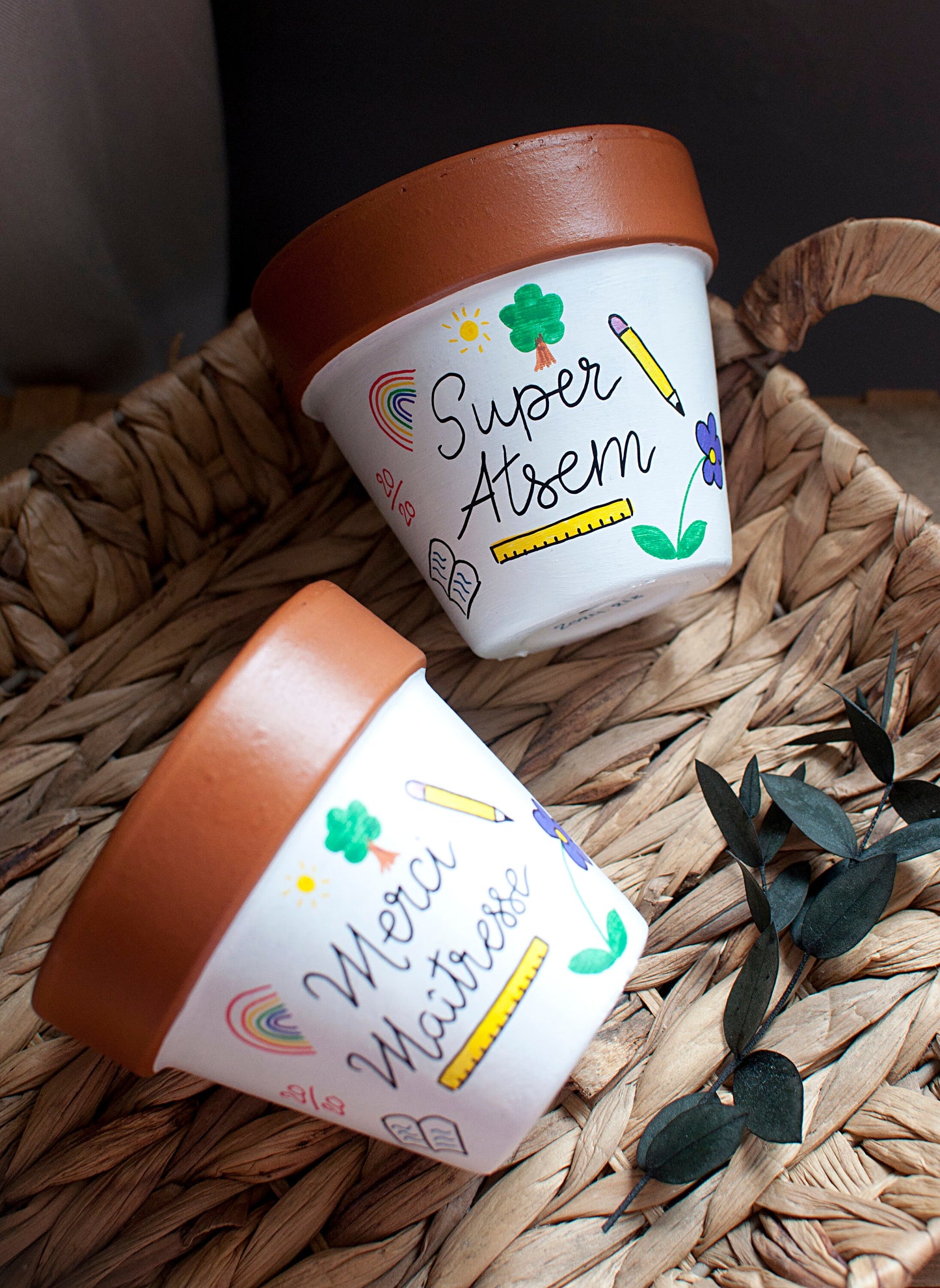 Cache pot / Pot en terre cuite personnalisé pour la  fin d’année scolaire : Merci Maitresse / Super Atsem /Super  AESH - Version bicolore