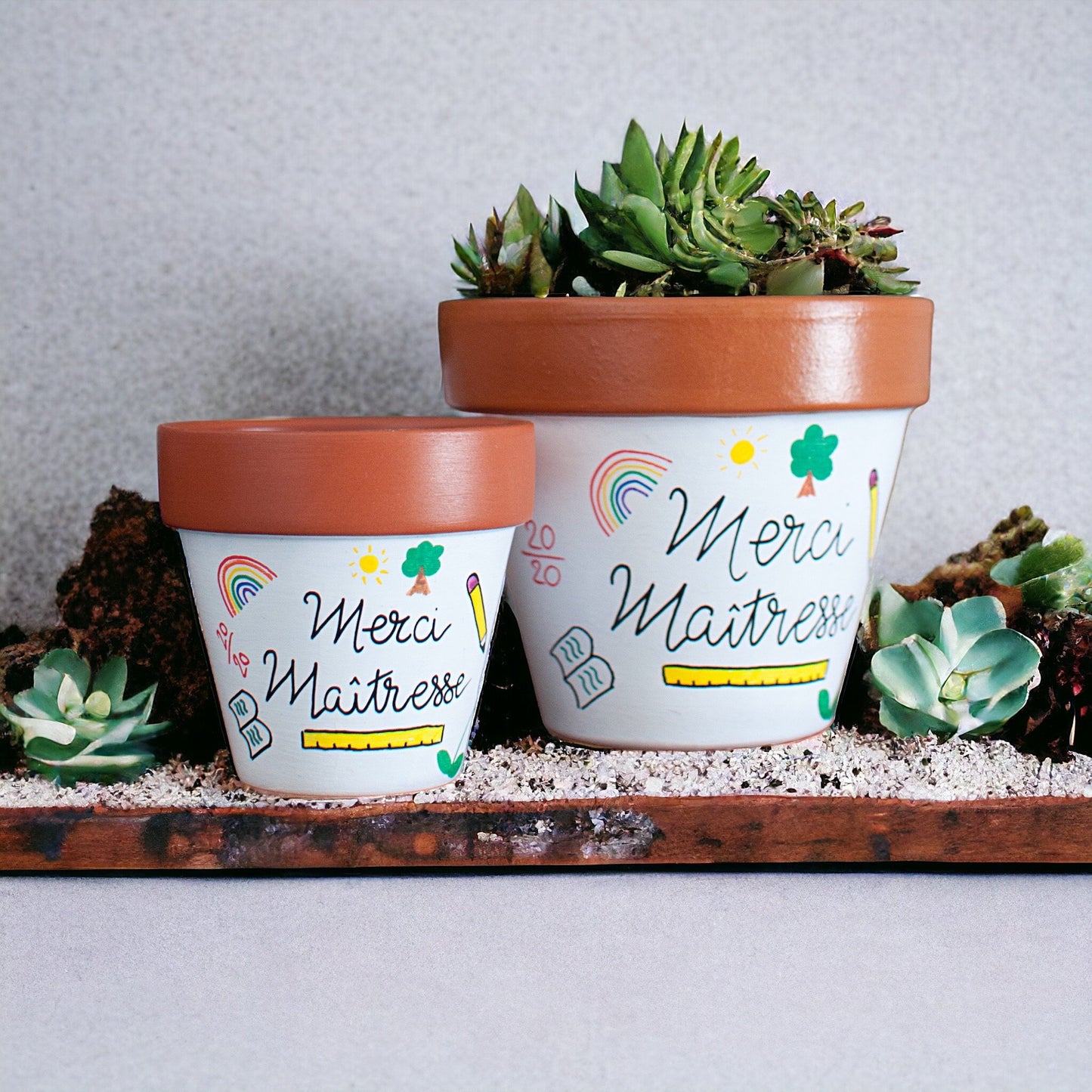 Cache pot / Pot en terre cuite personnalisé pour la  fin d’année scolaire : Merci Maitresse / Super Atsem /Super  AESH - Version bicolore