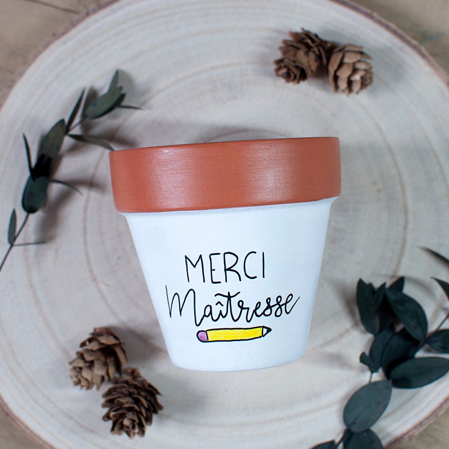Cache pot / pot de fleurs en terre cuite personnalisé, cadeau de fin d’année scolaire : Merci Maitresse / Atsem / Cadeau