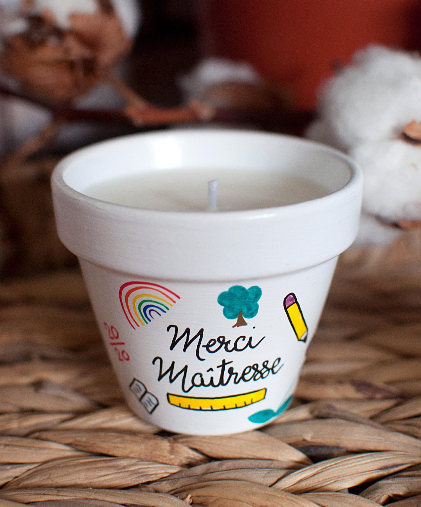 Bougie en terre cuite : Merci Maîtresse - Bougie 100% cire de soja [Cadeau maitresse / Cadeau fin d'année scolaire]