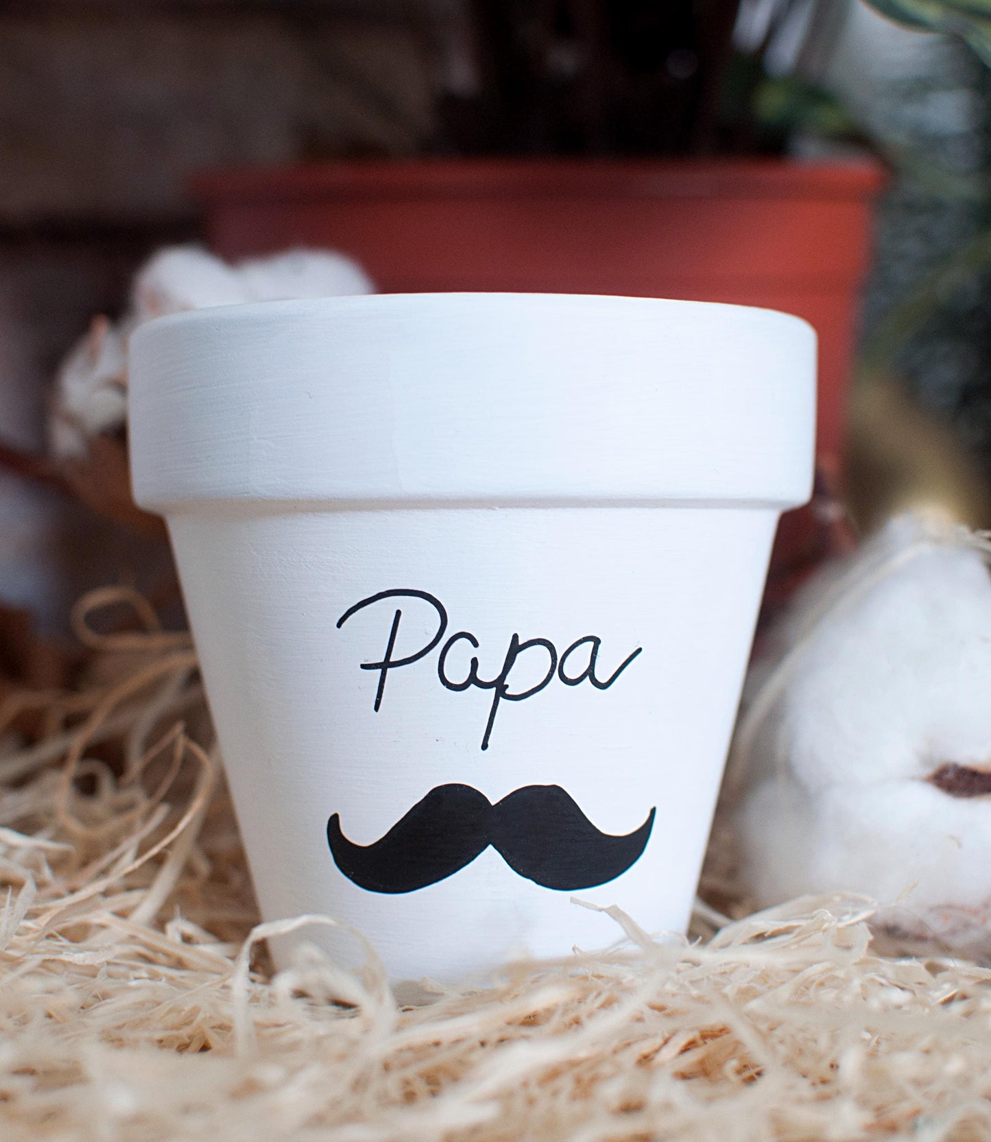 Cache pot / Pot de fleurs en terre cuite : Papa (Moustache) [Bonne fête papa / cadeau papa]