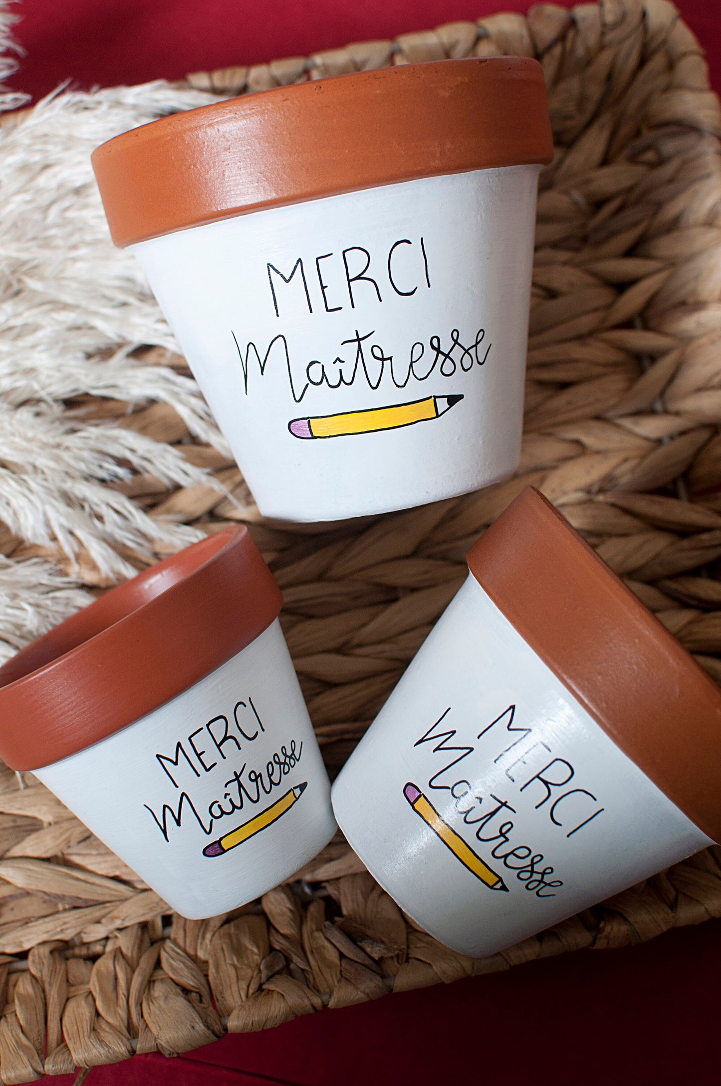 Cache pot / pot de fleurs en terre cuite personnalisé, cadeau de fin d’année scolaire : Merci Maitresse / Atsem / Cadeau