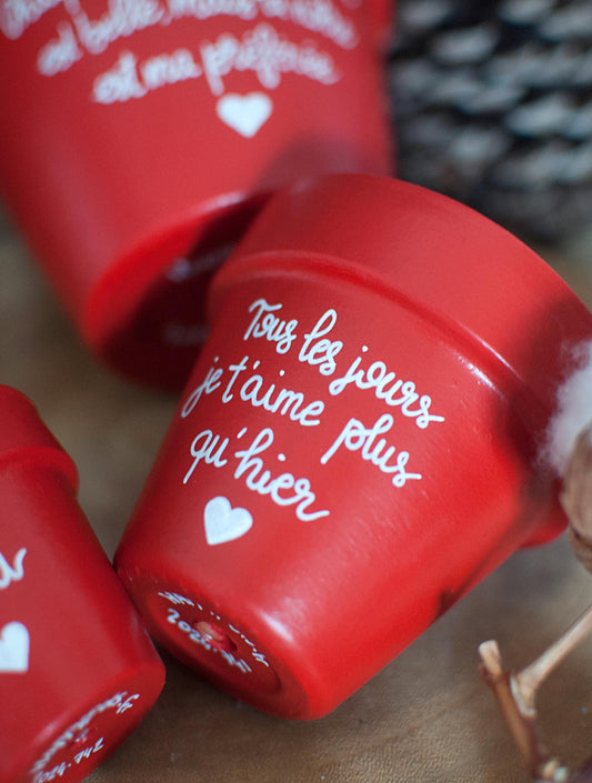 Cache pot / pot en terre cuite personnalisé « Tous les jours je t'aime plus qu'hier » / Cadeau Saint-Valentin / Amour