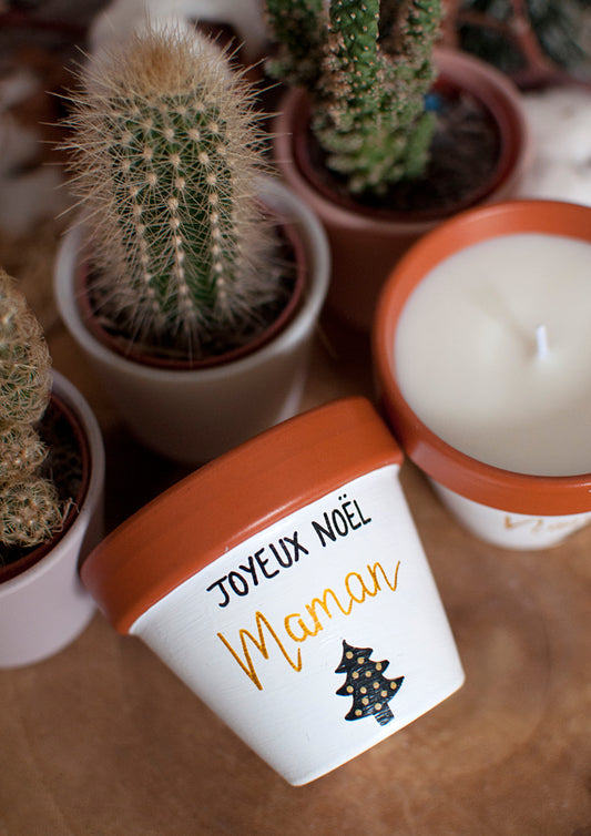 Bougie bicolore en terre cuite 8 cm : Joyeux Noel Maîtresse / Nounou / prénom à personnaliser