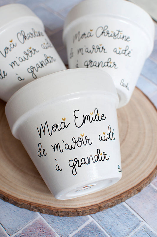 Cache pot / Pot en terre cuite personnalisé : Merci (prénom) de m'avoir aidé(e) à grandir