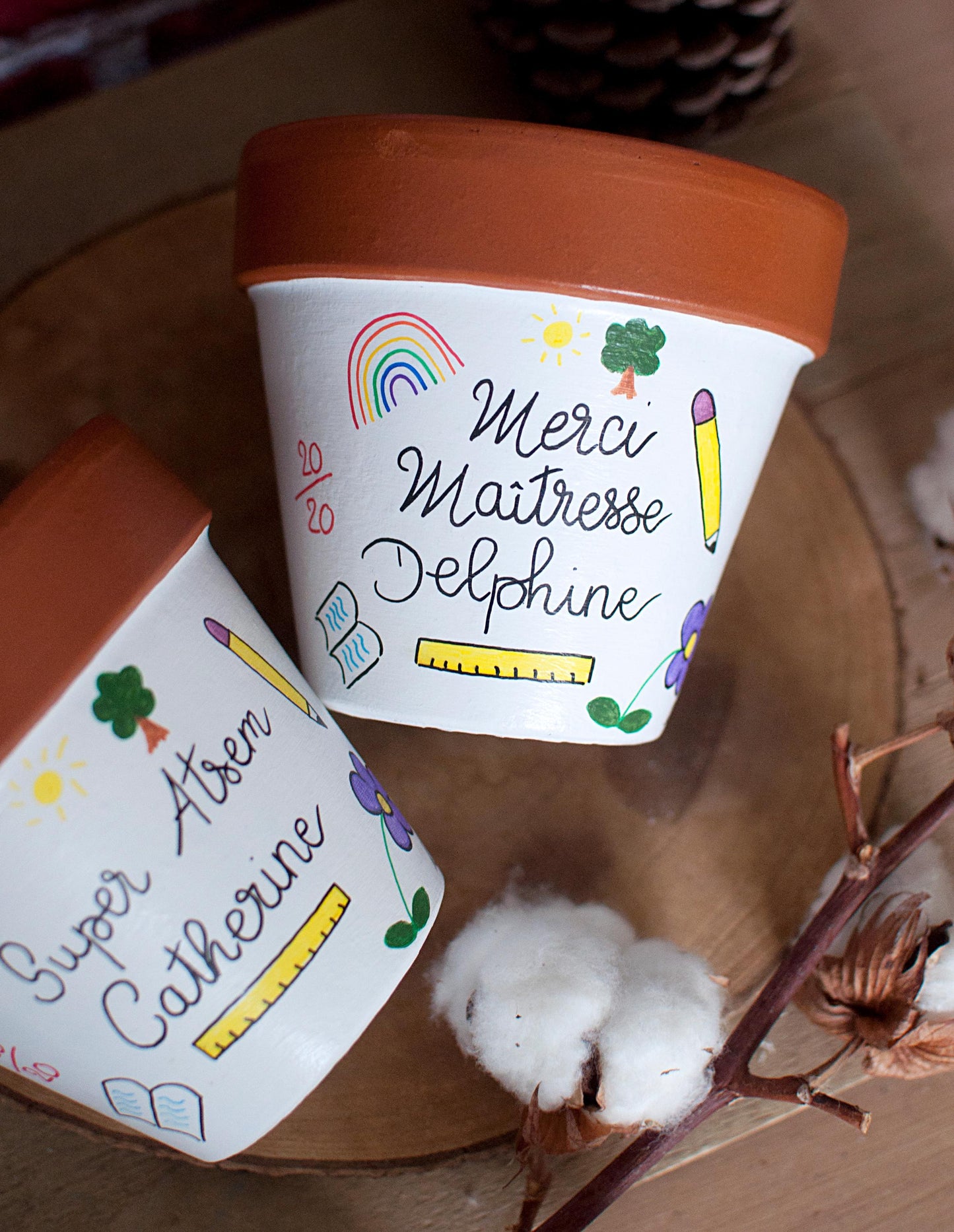 Cache pot / Pot en terre cuite personnalisé pour la  fin d’année scolaire : Merci Maitresse / Super Atsem /Super  AESH - Version bicolore