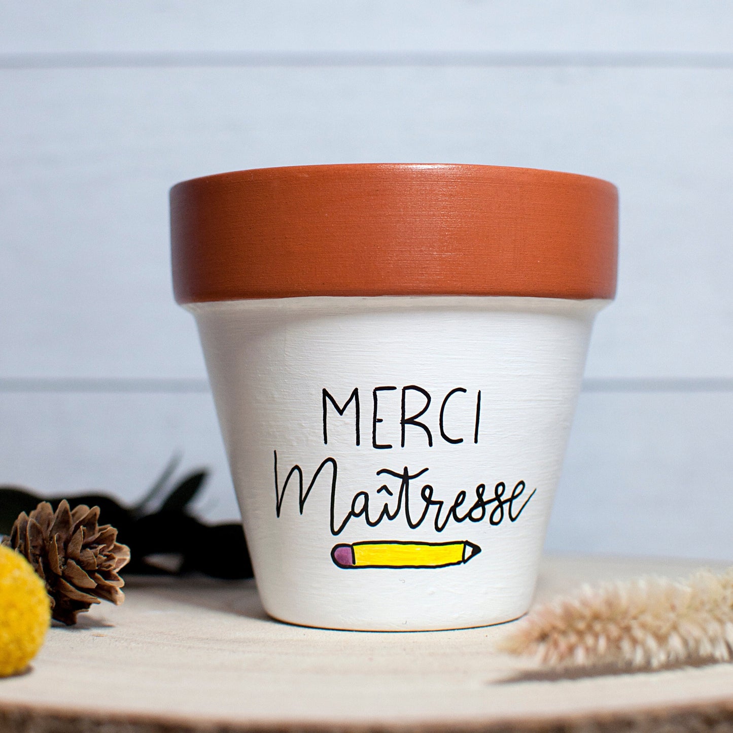 Cache pot / pot de fleurs en terre cuite personnalisé, cadeau de fin d’année scolaire : Merci Maitresse / Atsem / Cadeau