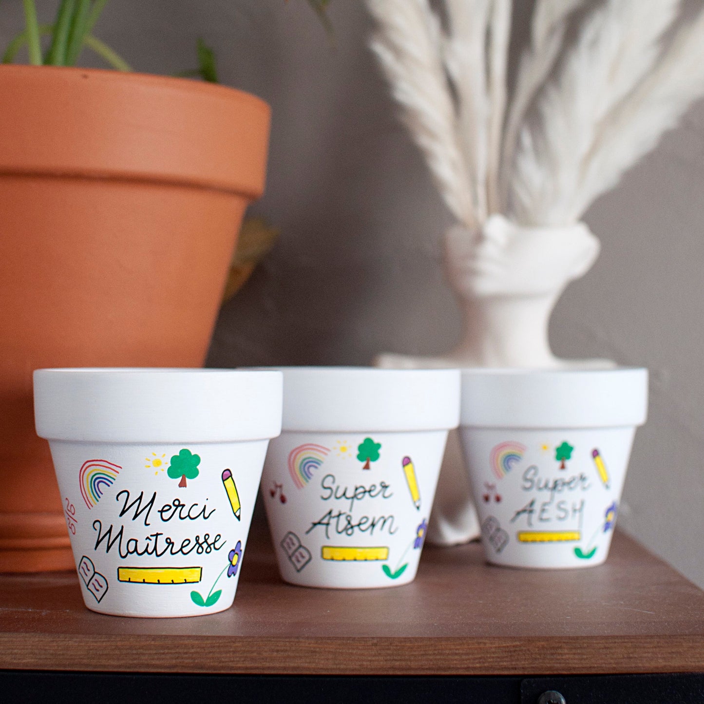Cache pot / Pot en terre cuite personnalisé pour la fin d’année scolaire : Merci Maitresse /  Super Atsem / Super AESH [Cadeau maîtresse]